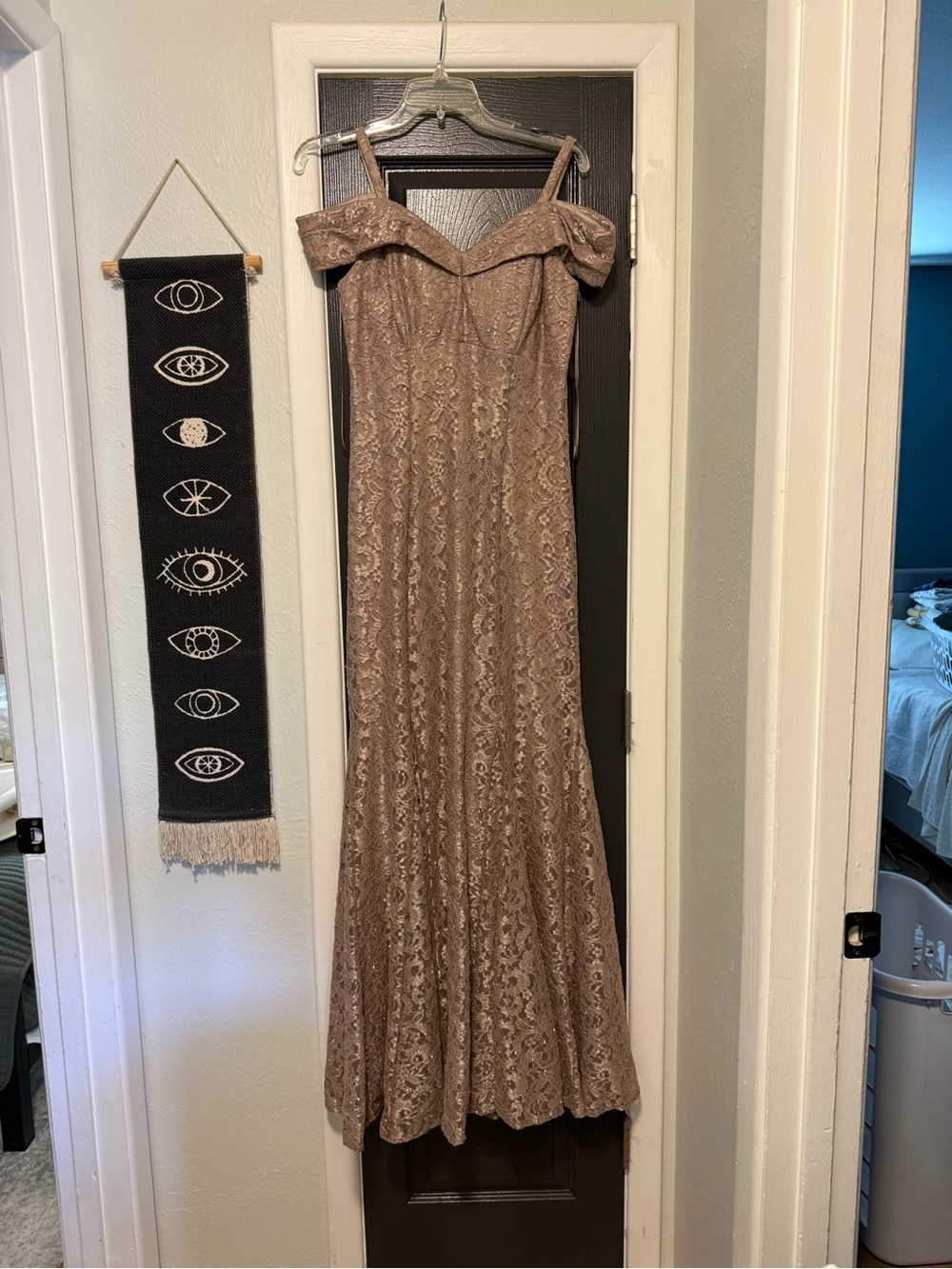 R&M Richards Off-Shoulder Lace Maxi Dress in Taupe
